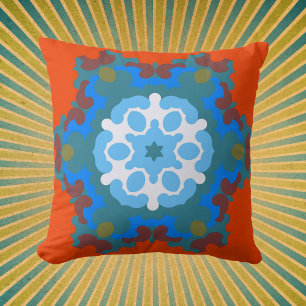 Retro Mandala Flower Orange White and Blue Throw Pillow