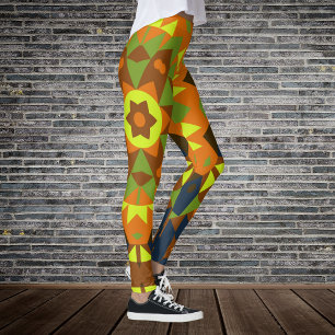 Retro Mandala Flower Orange Yellow and Blue Leggings