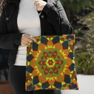 Retro Mandala Flower Orange Yellow and Blue Tote Bag