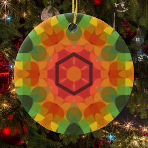 Retro Mandala Flower Orange Yellow and Green Ceramic Ornament