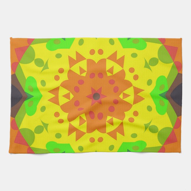 Retro Mandala Flower Orange Yellow and Green Kitchen Towel (Horizontal)