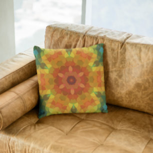 Retro Mandala Flower Orange Yellow and Green Throw Pillow
