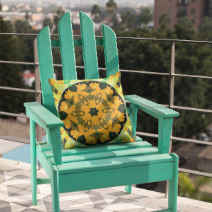 Retro Mandala Flower Orange Yellow and Green Throw Pillow