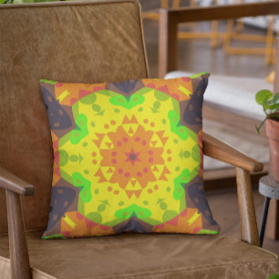 Retro Mandala Flower Orange Yellow and Green Throw Pillow