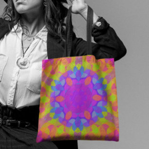 Retro Mandala Flower Pink Green and Blue Tote Bag