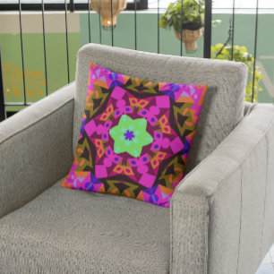 Retro Mandala Flower Pink Orange and Green Throw Pillow