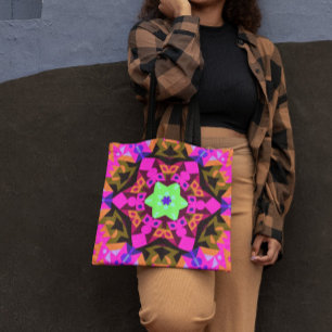 Retro Mandala Flower Pink Orange and Green Tote Bag