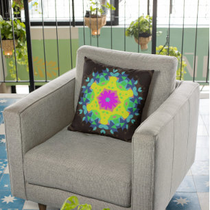 Retro Mandala Flower Pink Yellow and Blue Throw Pillow