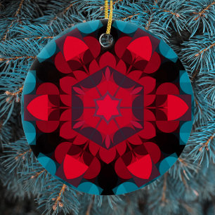 Retro Mandala Flower Red and Blue Ceramic Ornament