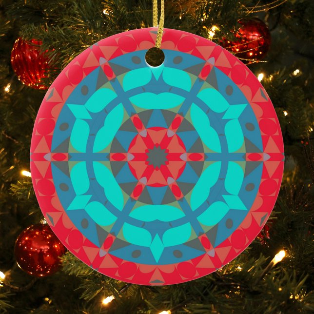 Retro Mandala Flower Red and Blue Ceramic Ornament (Creator Uploaded)