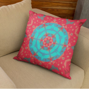 Retro Mandala Flower Red and Blue Throw Pillow