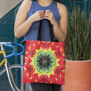 Retro Mandala Flower Red and Yellow Tote Bag