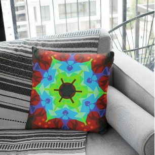 Retro Mandala Flower Red Blue and Green Throw Pillow