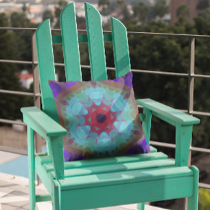 Retro Mandala Flower Red Blue and Purple Throw Pillow