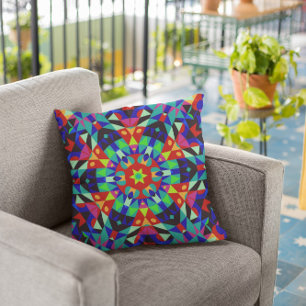 Retro Mandala Flower Red Green and Blue Throw Pillow