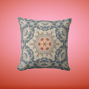 Retro Mandala Flower Tan Blue and Orange Throw Pillow