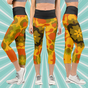 Retro Mandala Flower Yellow and Orange Capri Leggings