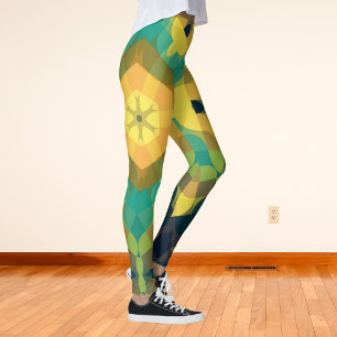 Retro Mandala Flower Yellow Blue and Green Leggings