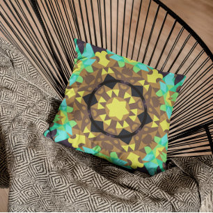 Retro Mandala Flower Yellow Blue and Green Throw Pillow