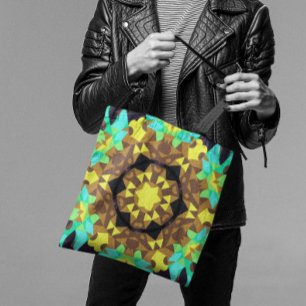 Retro Mandala Flower Yellow Blue and Green Tote Bag