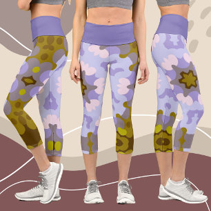 Retro Mandala Flower Yellow Blue and Purple Capri Leggings
