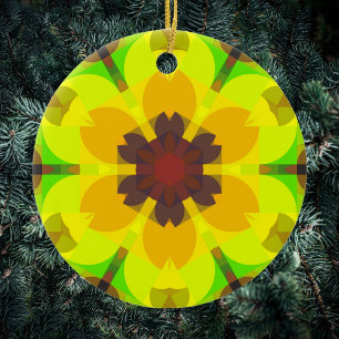 Retro Mandala Flower Yellow Orange and Green Ceramic Ornament