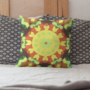 Retro Mandala Flower Yellow Orange and Green Throw Pillow