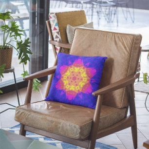 Retro Mandala Flower Yellow Pink and Blue Throw Pillow