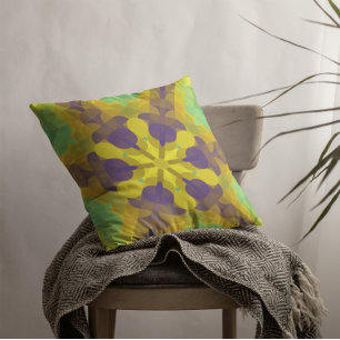 Retro Mandala Flower Yellow Purple and Green Throw Pillow