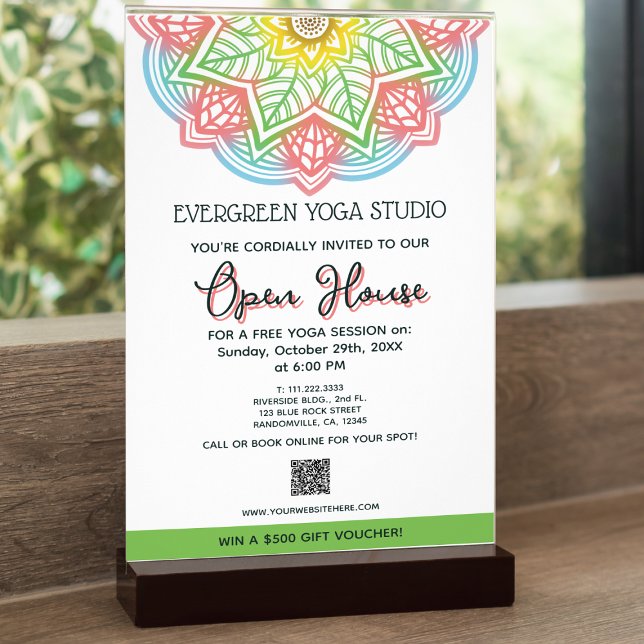 Retro Mandala Flower Yoga Studio Open House Flyer (Spread the word about your yoga studio's upcoming events with a unique mandala-designed flyer.)