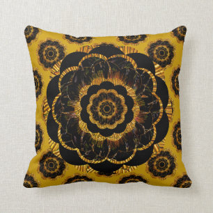 Retro Mandala Hippy Cushion - Black Gold Mustard