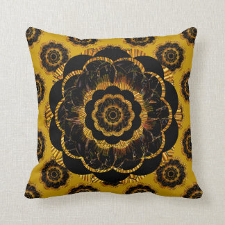 Retro Mandala Hippy Cushion - Black Gold Mustard
