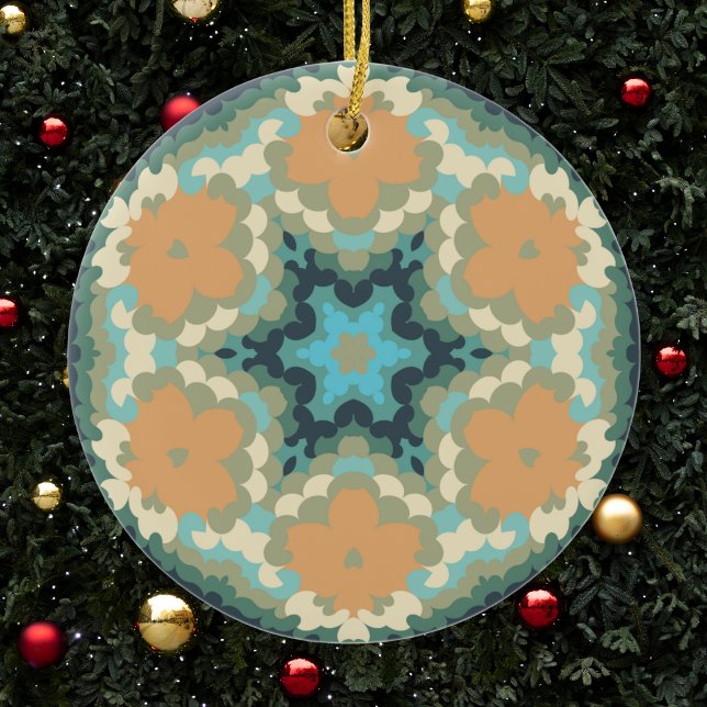 Retro Mandala Orange and Blue Ceramic Ornament (Orange and Blue Retro Mandala Christmas Ornament from Wormhole Orbital)