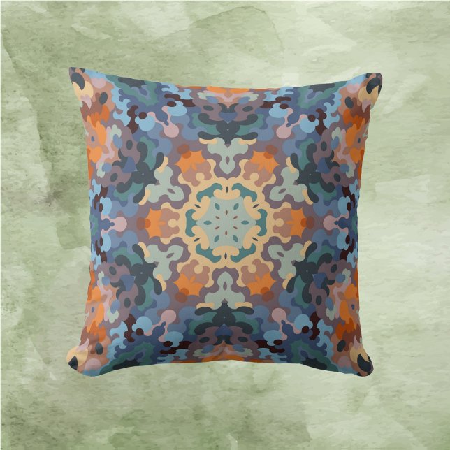Retro Mandala Orange Blue and Yellow Throw Pillow (Creator Uploaded)