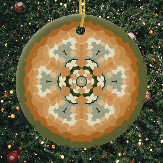 Retro Mandala Orange Green and White Ceramic Ornament (Green and Orange Retro Mandala Ornament by Wormhole Orbital)