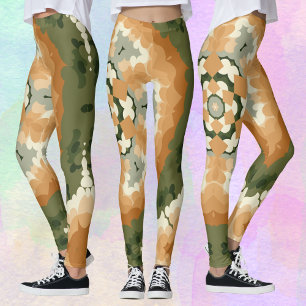 Retro Mandala Orange Green and White Leggings