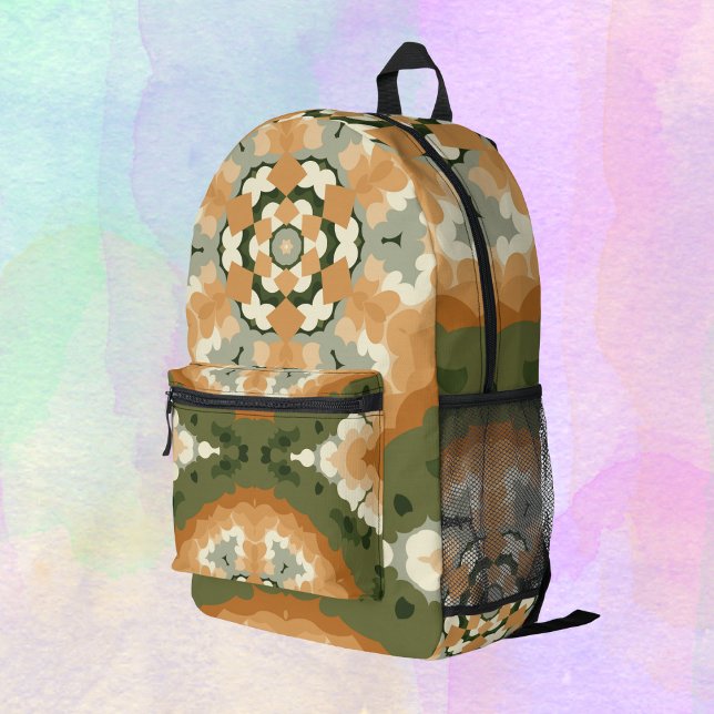 Retro Mandala Orange Green and White Printed Backpack (Creator Uploaded)