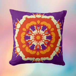 Retro Mandala Purple Red and Orange Throw Pillow