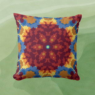 Retro Mandala Red Blue and Yellow Throw Pillow