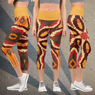 Retro Mandala Red Orange and Brown Capri Leggings