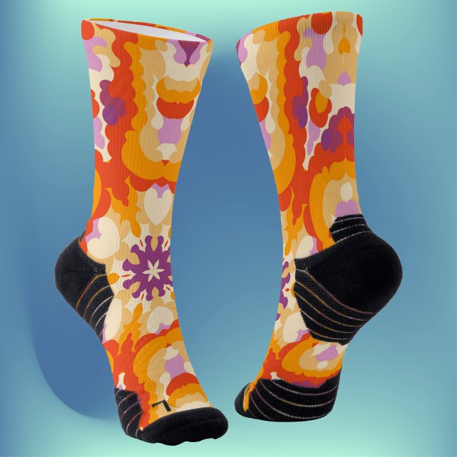 Retro Mandala Red Orange Purple and Yellow Socks (Creator Uploaded)