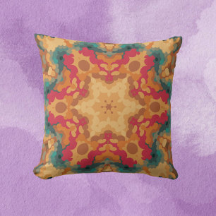 Retro Mandala Red Yellow and Blue Throw Pillow
