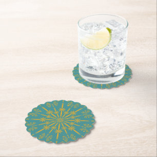Retro Mandala Teal Paper Coasters