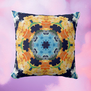 Retro Mandala Yellow Blue and Orange Throw Pillow