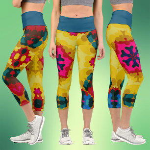 Retro Mandala Yellow Blue and Pink Capri Leggings