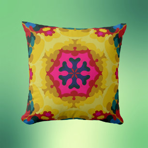 Retro Mandala Yellow Blue and Pink Throw Pillow