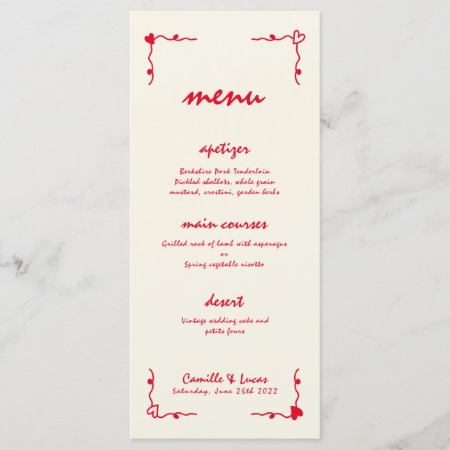 Retro manuscrit Whimsical Red Menu Mariage (Devant)