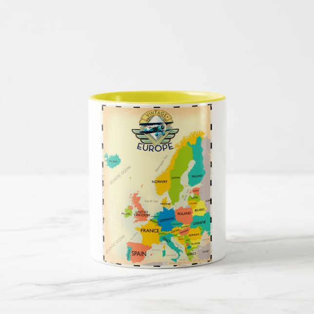 Retro Map Of Europe. Two-Tone Coffee Mug (Center)