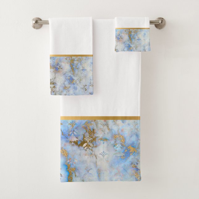 RETRO MARBLE ABSTRACT BLUE GOLD BATHROOM TOWEL SET (Insitu)