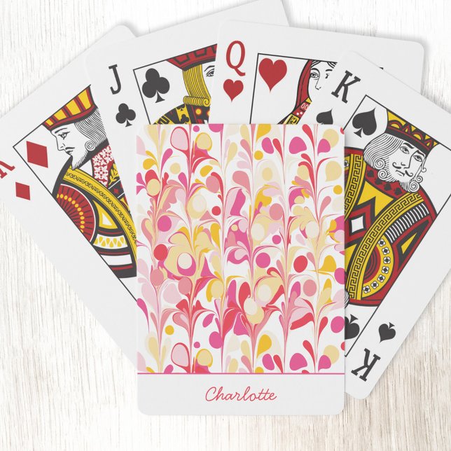 Retro Marble Abstract Pattern Pink Personalized Playing Cards (Retro marble pink orange and yellow pattern personalized name playing cards)